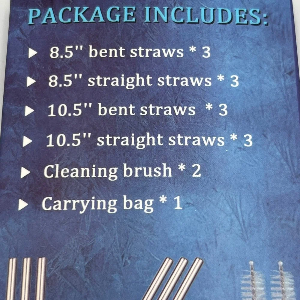 Hiware Metal Straws Set 12pc Silver Stainless Steel Reusable New